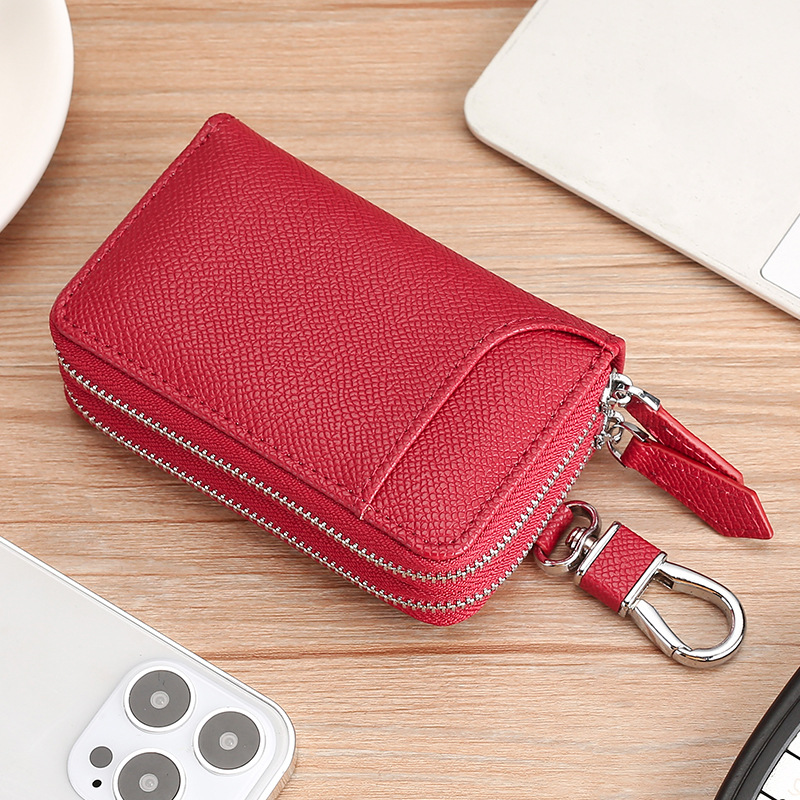 New car key bag Men's and women's leather multi-function double zipper door cowhide keychain coin purse