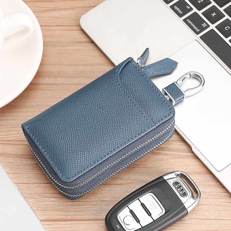 New car key bag Men's and women's leather multi-function double zipper door cowhide keychain coin purse