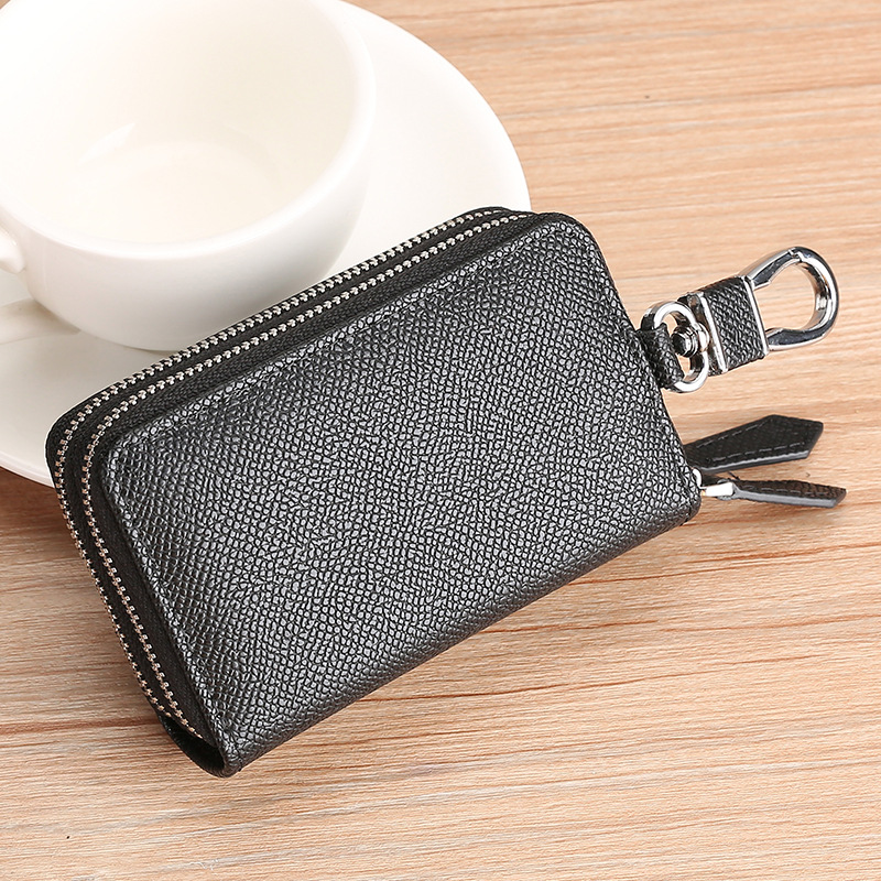 New car key bag Men's and women's leather multi-function double zipper door cowhide keychain coin purse