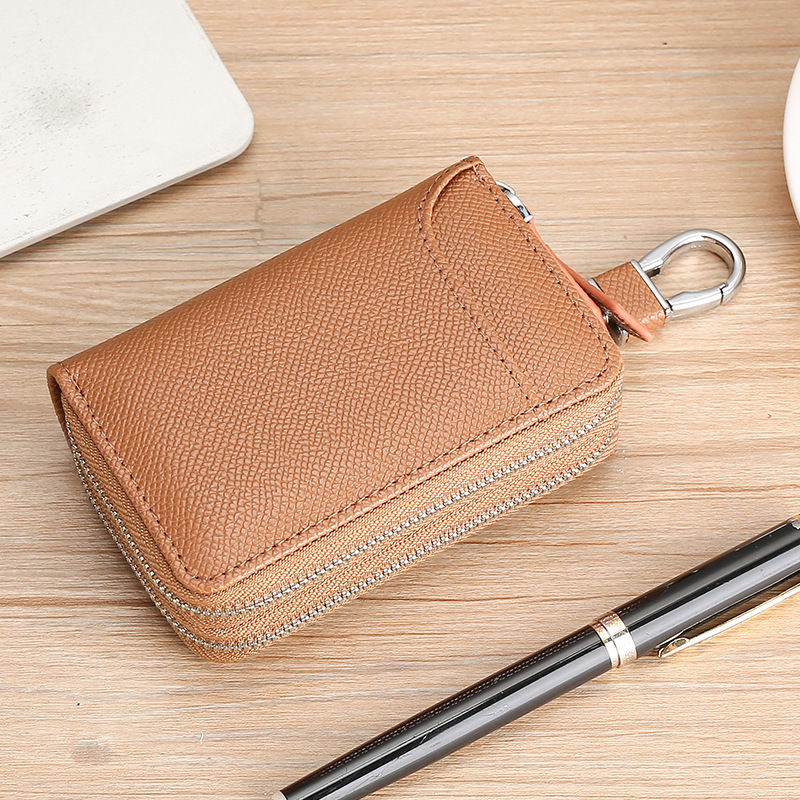 New car key bag Men's and women's leather multi-function double zipper door cowhide keychain coin purse