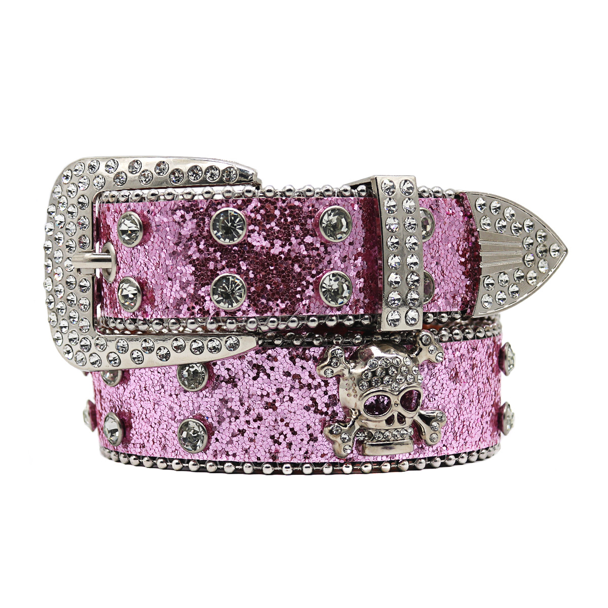 Rhinestone Skull Belt Men's and women's hand-inlaid rhinestone Flash Hip Hop Punk Fashion Belt (Big Flash Strap)