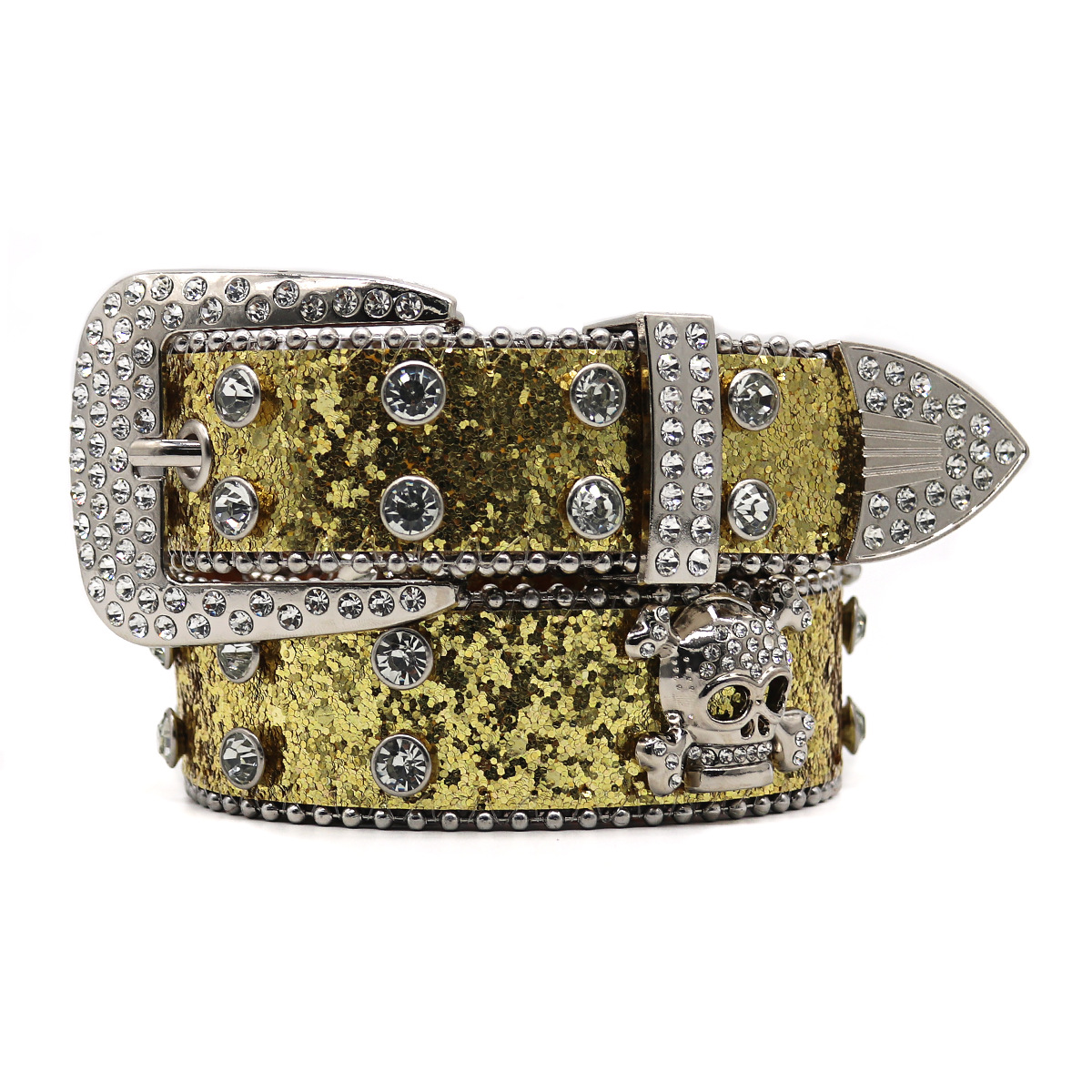 Rhinestone Skull Belt Men's and women's hand-inlaid rhinestone Flash Hip Hop Punk Fashion Belt (Big Flash Strap)