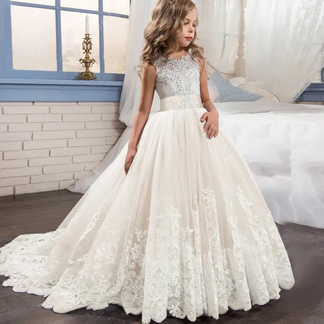 Children Long Lace Beaded Flower Girls Dress Pageant Birthday Communion Dresses for Kids Wedding Gown