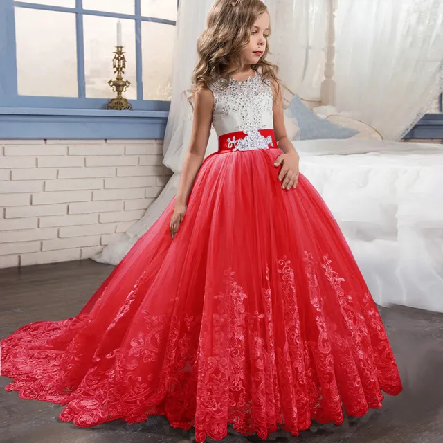 Children Long Lace Beaded Flower Girls Dress Pageant Birthday Communion Dresses for Kids Wedding Gown