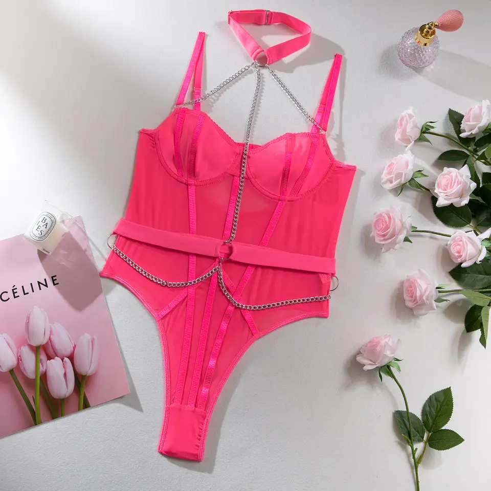 Hot selling sexy underwear shaping slim and comfortable erogenous zone metal neck jumpsuit Sexy lingerie