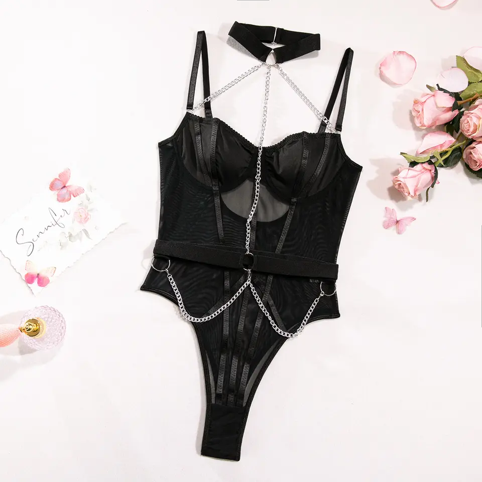 Hot selling sexy underwear shaping slim and comfortable erogenous zone metal neck jumpsuit Sexy lingerie