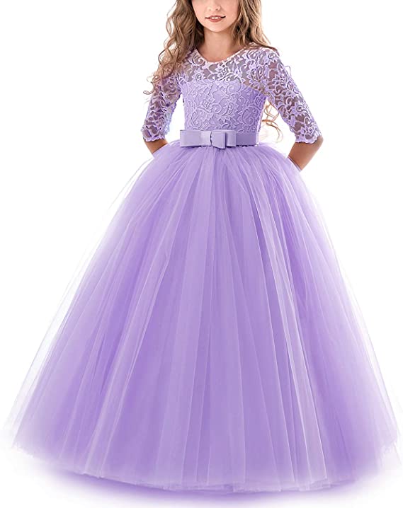 Girls Princess Pageant Dress Kids Prom Ball Gowns Wedding Party Flower Dresses Long sleeve lace princess dress