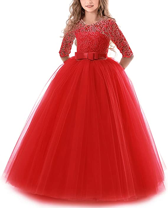 Girls Princess Pageant Dress Kids Prom Ball Gowns Wedding Party Flower Dresses Long sleeve lace princess dress
