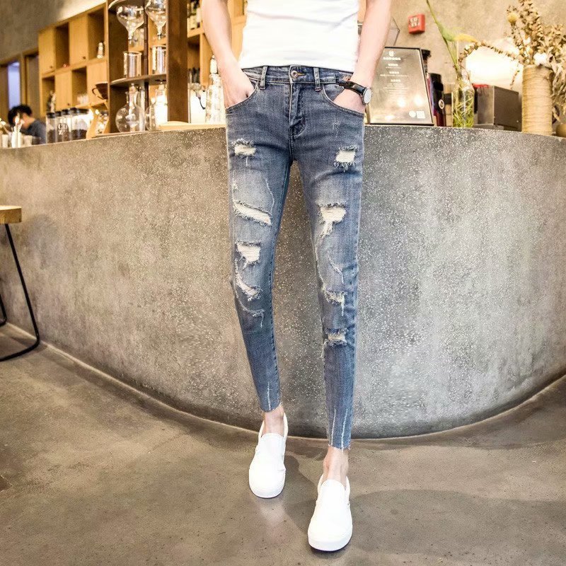 Spring and autumn new slim-fit elastic pants men small feet broken nine-minute jeans rough edge beggar pants men