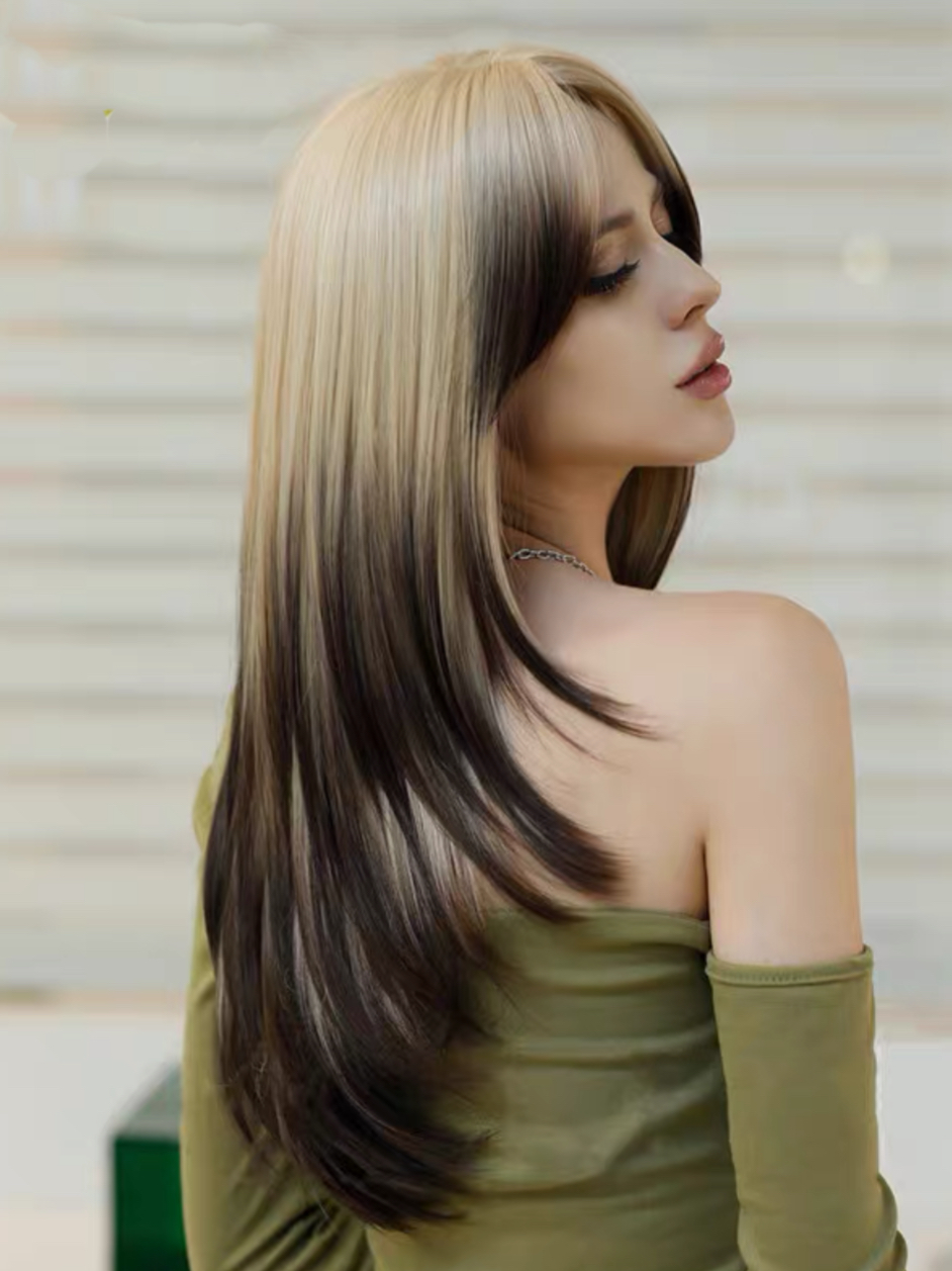 Brown blonde wig full head set medium long gradient natural curly hair