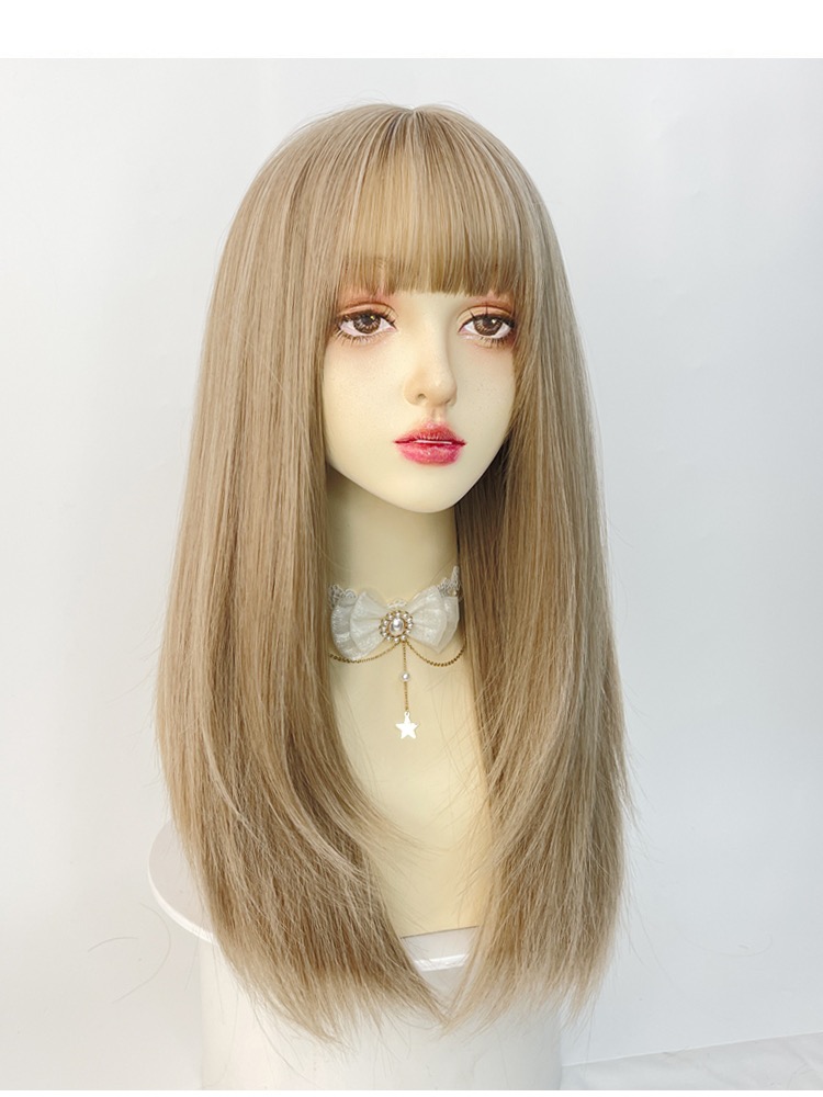 Blonde wig female long hair full head cover-type beige gold linen light