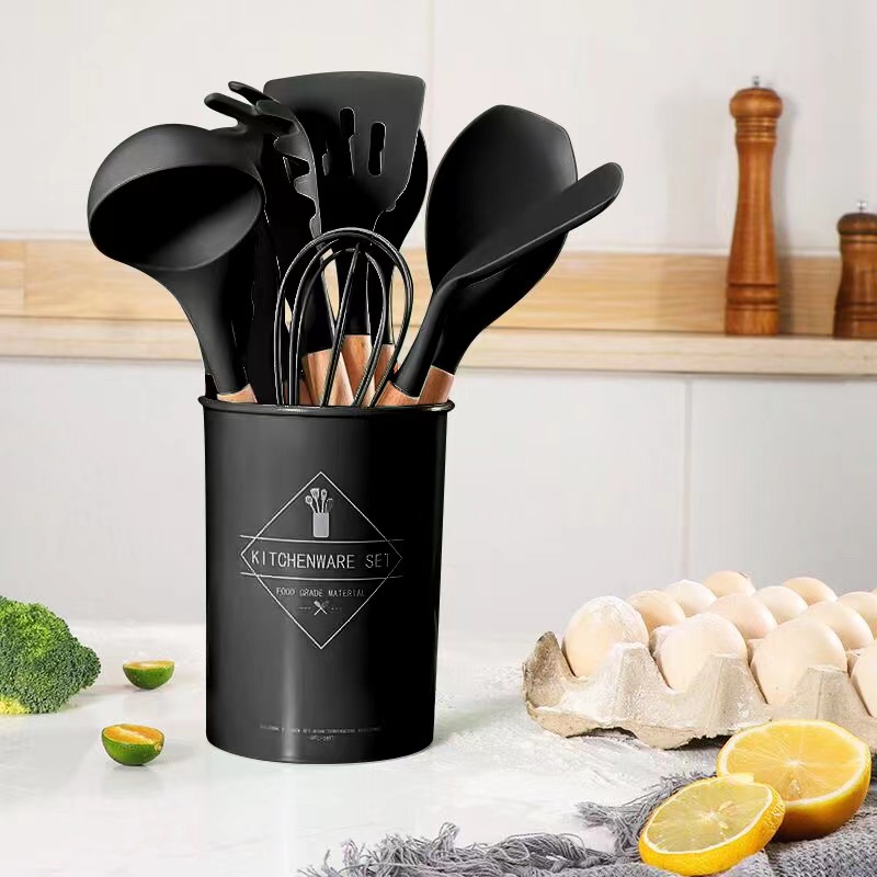 12 pcs Green Silicone Utensils Set Wooden Handle Kitchen Tool Utensils Set