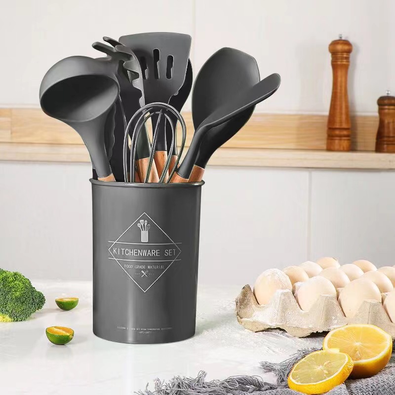 12 pcs Green Silicone Utensils Set Wooden Handle Kitchen Tool Utensils Set