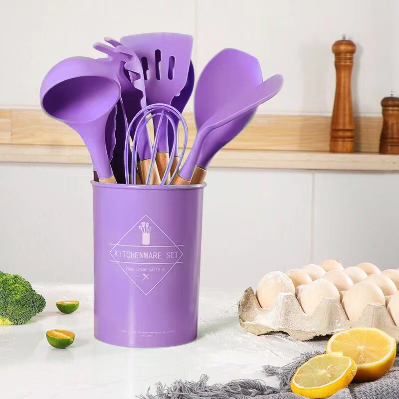12 pcs Green Silicone Utensils Set Wooden Handle Kitchen Tool Utensils Set