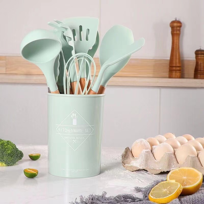 12 pcs Green Silicone Utensils Set Wooden Handle Kitchen Tool Utensils Set