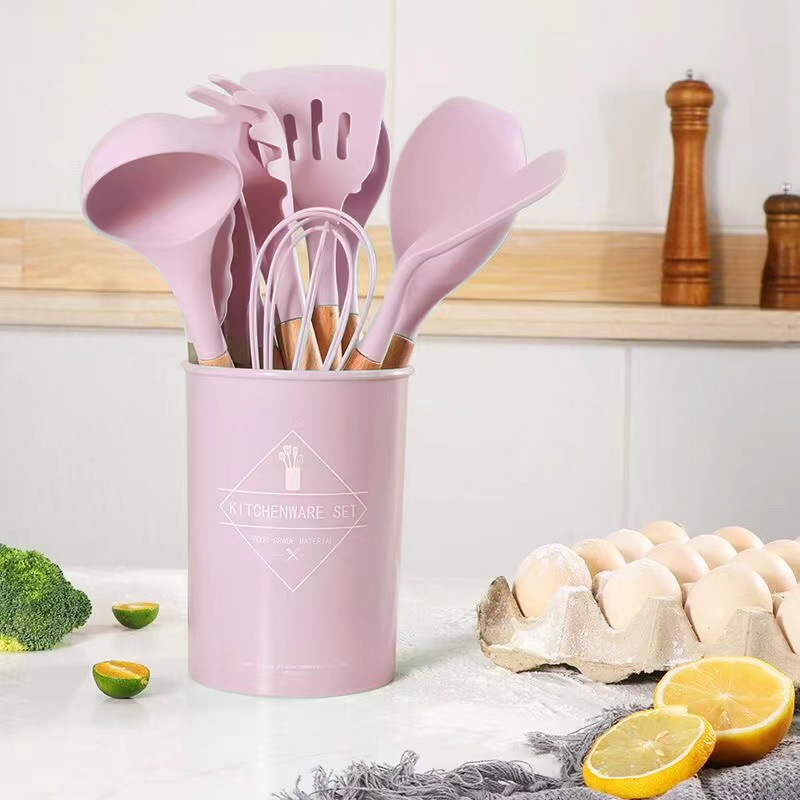 12 pcs Green Silicone Utensils Set Wooden Handle Kitchen Tool Utensils Set