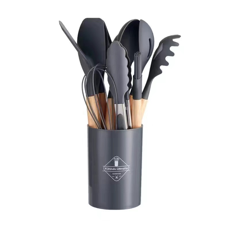 12 pcs Green Silicone Utensils Set Wooden Handle Kitchen Tool Utensils Set