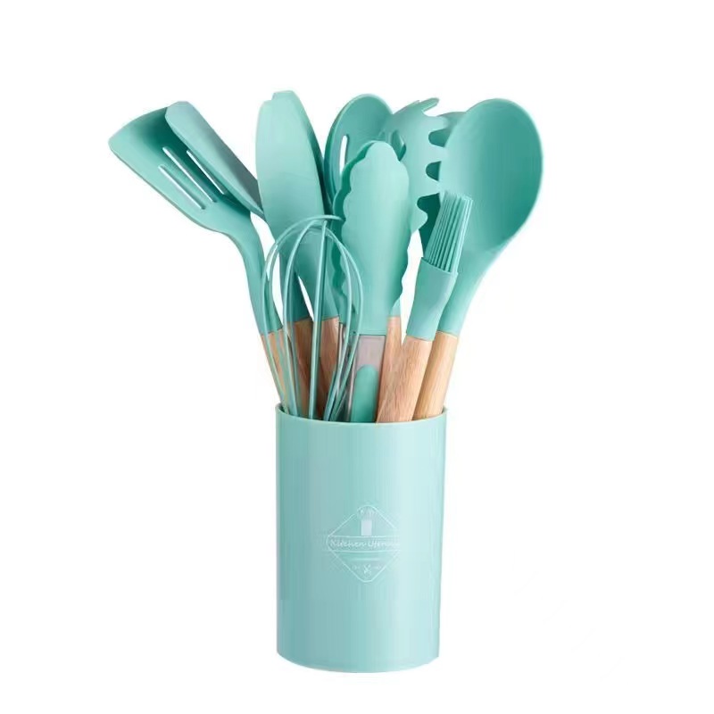 12 pcs Green Silicone Utensils Set Wooden Handle Kitchen Tool Utensils Set