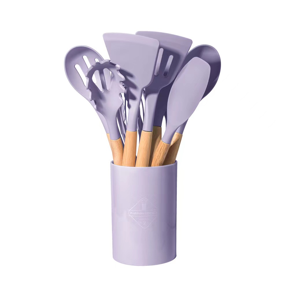 12 pcs Green Silicone Utensils Set Wooden Handle Kitchen Tool Utensils Set