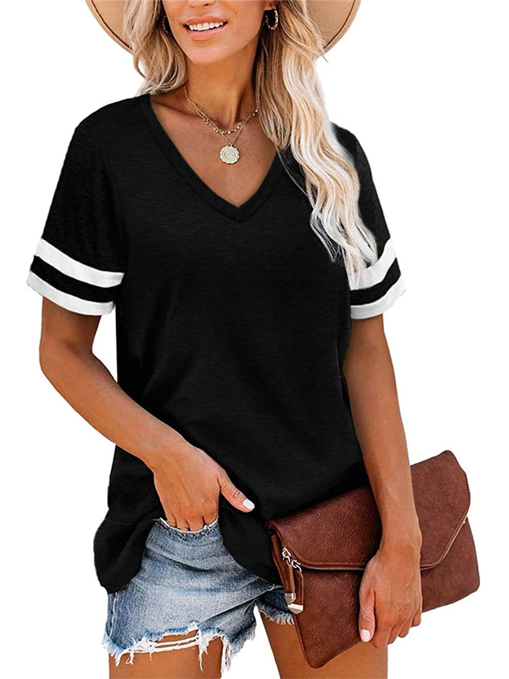 Women's casual V-neck T-shirt short sleeve top summer loose suitable