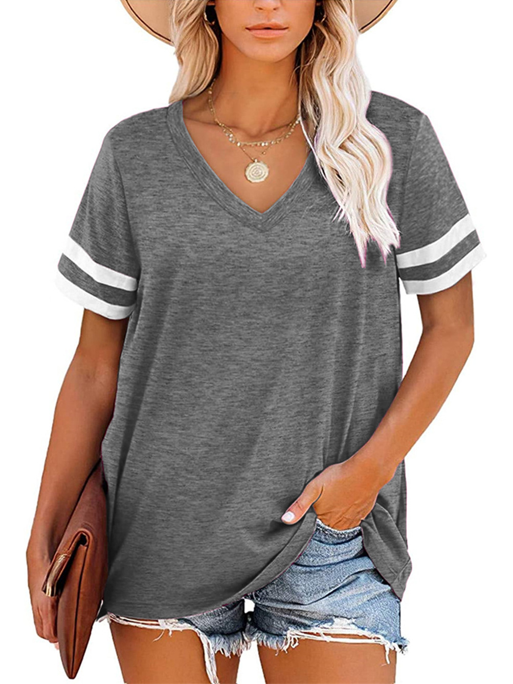 Women's casual V-neck T-shirt short sleeve top summer loose suitable