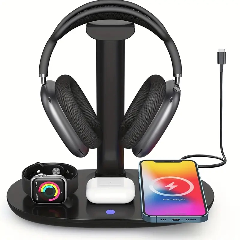 15W Wireless Charger Headphone Stand: 4-in-1 Qi Charging Station for AirPods Max/Pro/2/3, iWatch