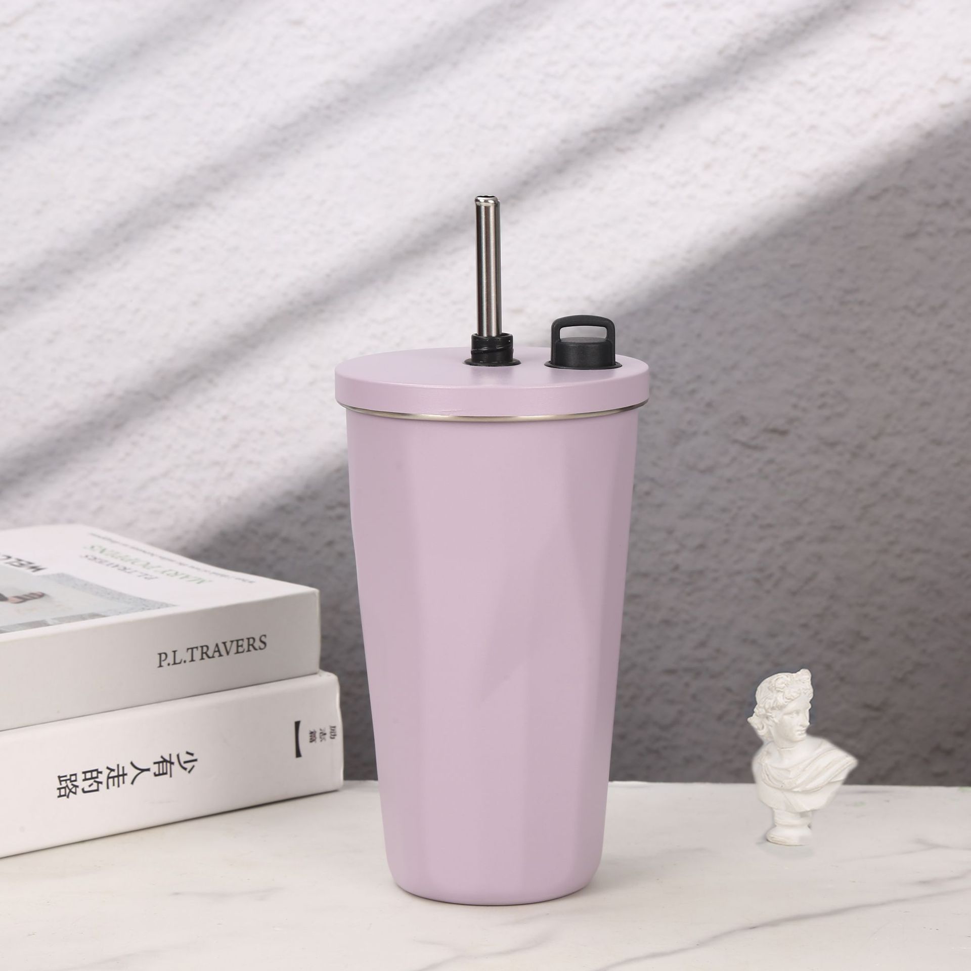 Retractable coffee cup with straw -304 stainless steel - vacuum seal cap Rhomboid cup - Double decker car cup