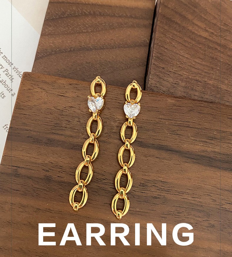 Fashion Interlocking Chain Eardrop -Love Heart Zircon Earrings- Plated Gold Chain- Long Earrings Jewelry For Women