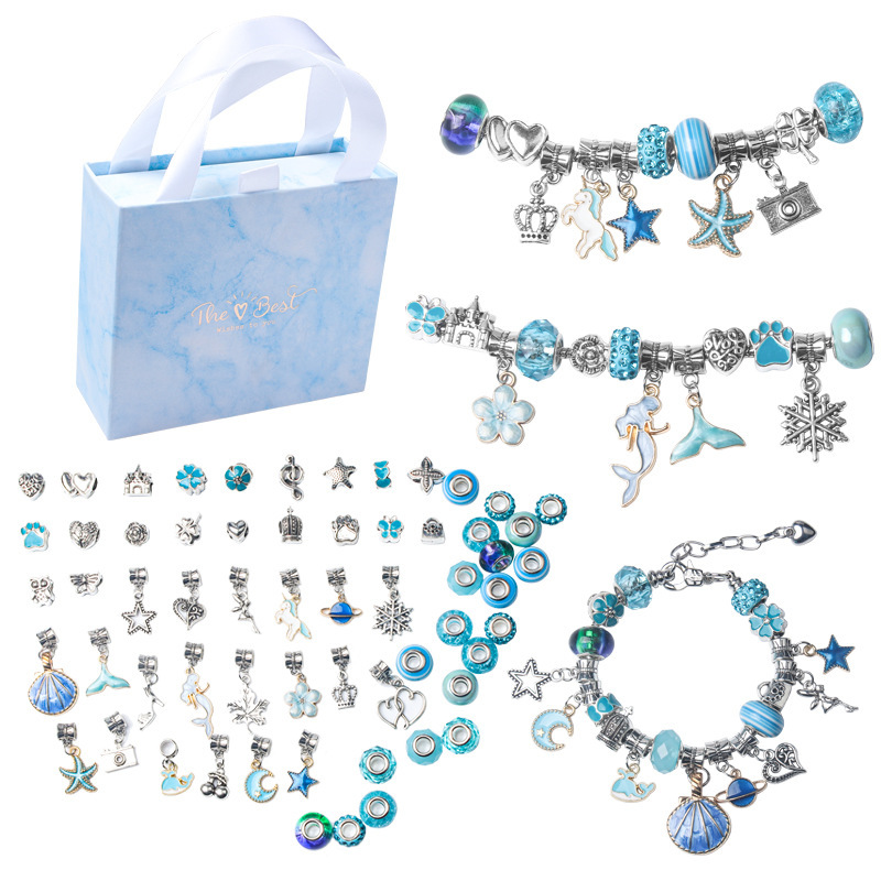 DIY Gift Box - Powder Blue Set - Charm Bracelet Making Kit - Beaded Silver Plated Chain - Gift for girls