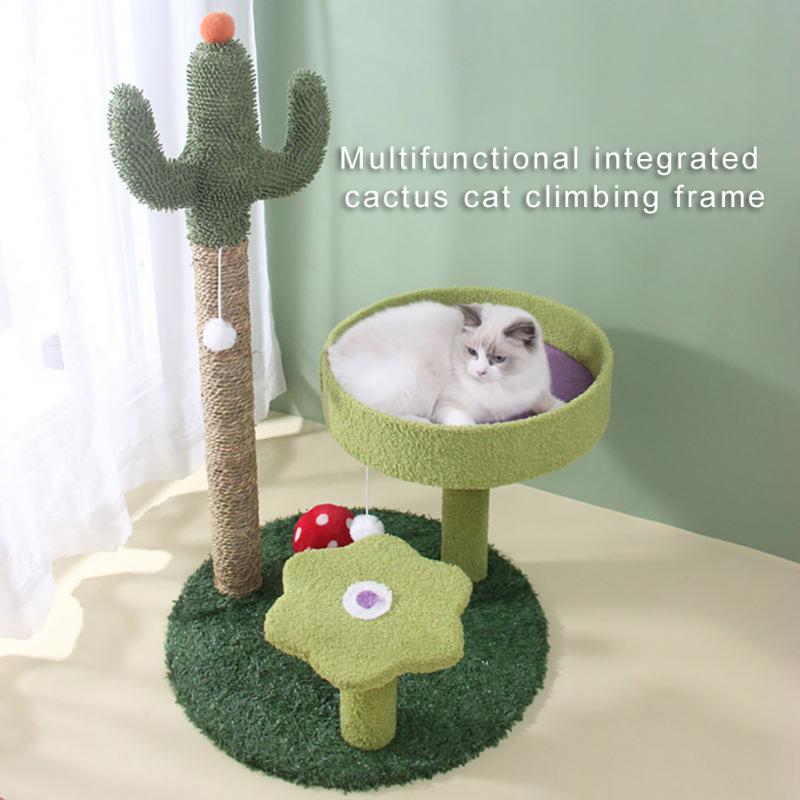 Cactus Tree Tower, Anti Scratch Safe Multifunctional Weaweed Rope Teddy Velvet Stable Chassis, for Cats