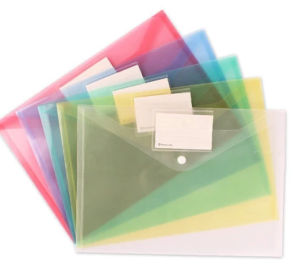 12PCS A4 Clear Document Bag, PP Plastic Material 6 colors Convenient Snap Fastener Newly Arrived, for Office