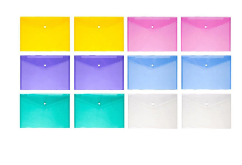 12PCS A4 Clear Document Bag, PP Plastic Material 6 colors Convenient Snap Fastener Newly Arrived, for Office