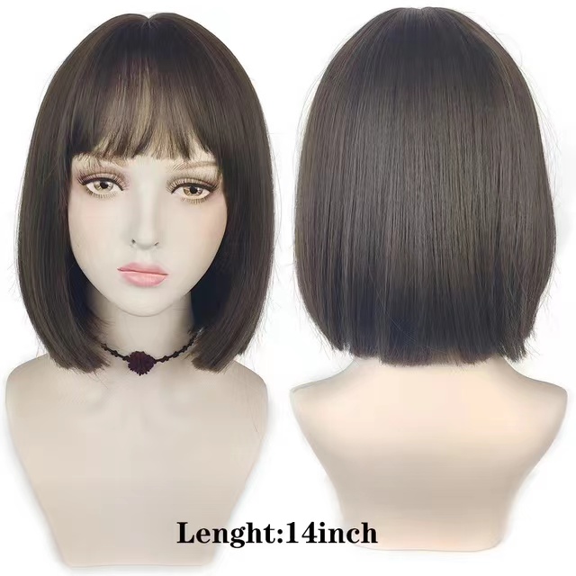 YIYAOBESS 14in Short Bob Wig, with Bangs Heat Resistant Easy to Put On Natural Color, Pink/Black/Brown
