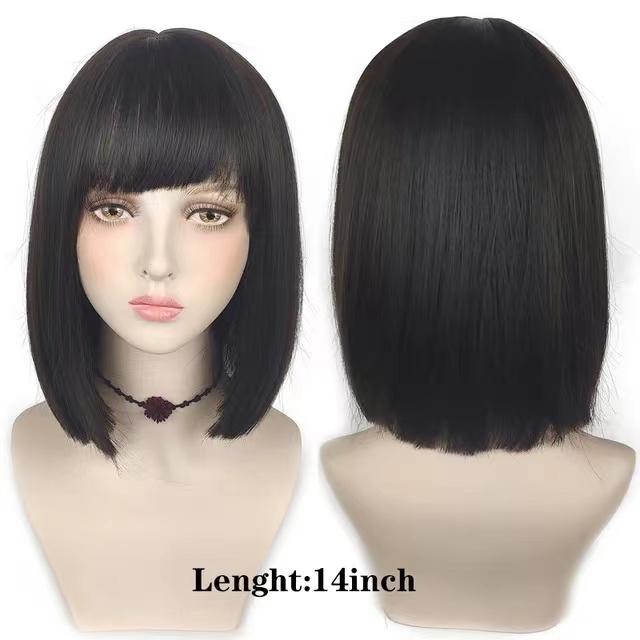 YIYAOBESS 14in Short Bob Wig, with Bangs Heat Resistant Easy to Put On Natural Color, Pink/Black/Brown