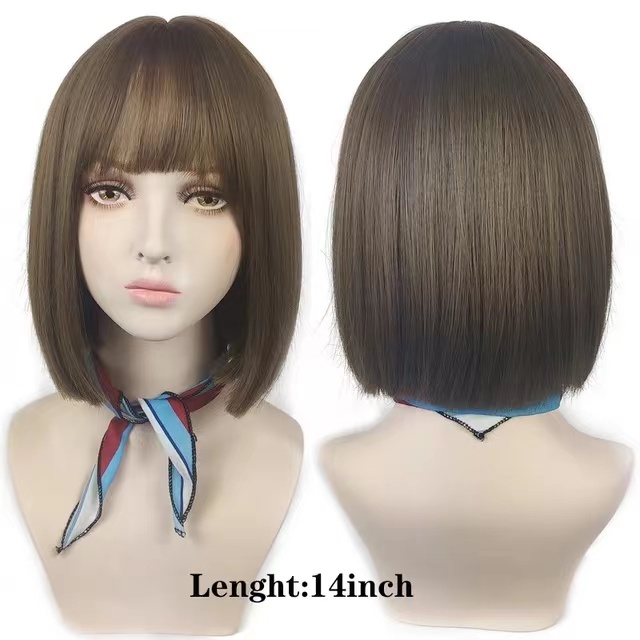 YIYAOBESS 14in Short Bob Wig, with Bangs Heat Resistant Easy to Put On Natural Color, Pink/Black/Brown