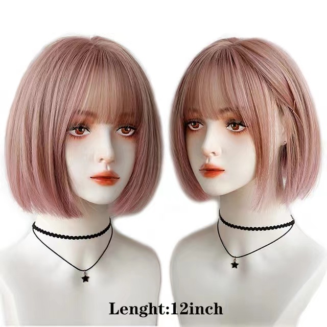 YIYAOBESS 14in Short Bob Wig, with Bangs Heat Resistant Easy to Put On Natural Color, Pink/Black/Brown