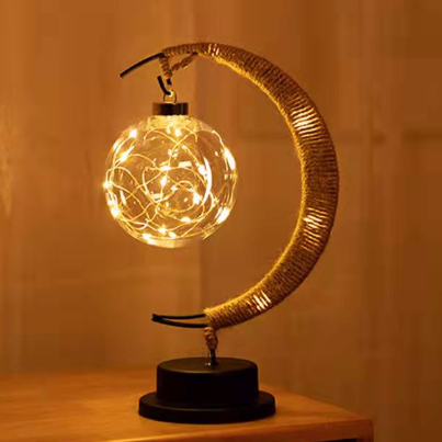 LED Moon Sepak Takraw Lamp, Handmade Hemp Rope Wrought Iron Cotton and Ball 27*17cm/10.6*6.7in, for Home