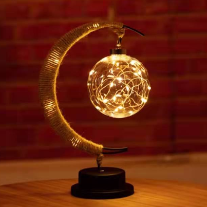 LED Moon Sepak Takraw Lamp, Handmade Hemp Rope Wrought Iron Cotton and Ball 27*17cm/10.6*6.7in, for Home