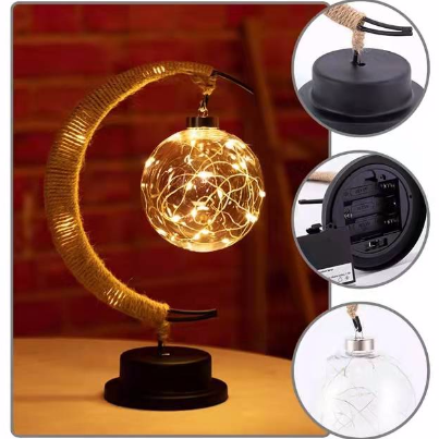 LED Moon Sepak Takraw Lamp, Handmade Hemp Rope Wrought Iron Cotton and Ball 27*17cm/10.6*6.7in, for Home