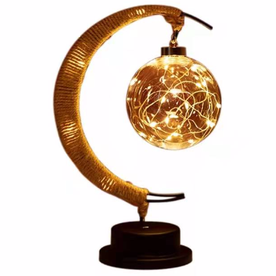 LED Moon Sepak Takraw Lamp, Handmade Hemp Rope Wrought Iron Cotton and Ball 27*17cm/10.6*6.7in, for Home