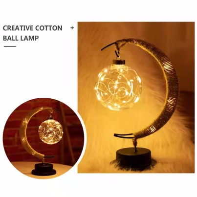 LED Moon Sepak Takraw Lamp, Handmade Hemp Rope Wrought Iron Cotton and Ball 27*17cm/10.6*6.7in, for Home