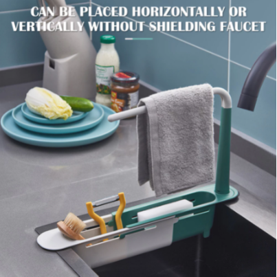 Expandable Kitchen Sink Shelf with Ventilated Drain & Towel Bar Easy Install Telescopic Storage