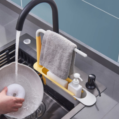 Expandable Kitchen Sink Shelf with Ventilated Drain & Towel Bar Easy Install Telescopic Storage