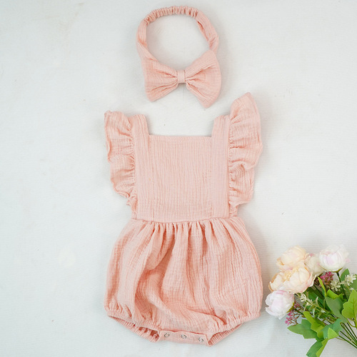 100% Cotton Baby Girl Clothes Summer Double Gauze Baby Ruffle Romper Jumpsuit with Headband Dusty Pink Playsuit For Infa