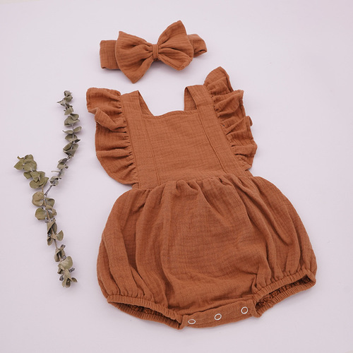 100% Cotton Baby Girl Clothes Summer Double Gauze Baby Ruffle Romper Jumpsuit with Headband Dusty Pink Playsuit For Infa
