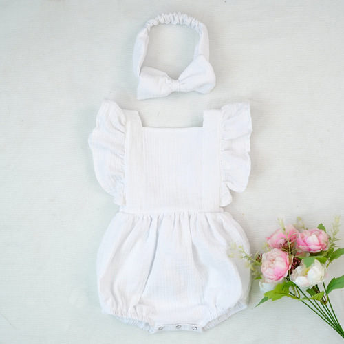 100% Cotton Baby Girl Clothes Summer Double Gauze Baby Ruffle Romper Jumpsuit with Headband Dusty Pink Playsuit For Infa