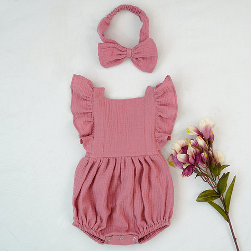 100% Cotton Baby Girl Clothes Summer Double Gauze Baby Ruffle Romper Jumpsuit with Headband Dusty Pink Playsuit For Infa