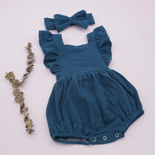 100% Cotton Baby Girl Clothes Summer Double Gauze Baby Ruffle Romper Jumpsuit with Headband Dusty Pink Playsuit For Infa