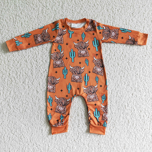 Baby Boy Western Highland Cow Romper Brown Long Sleeve Cactus Bodysuit Snap Botton Jumpsuit Kids Toddler One-piece Cloth
