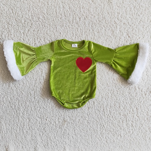 Sweet Honey Toddler Kids Green Velvet Long Sleeve Romper Red Heart Print Baby Jumpsuit Boutique 